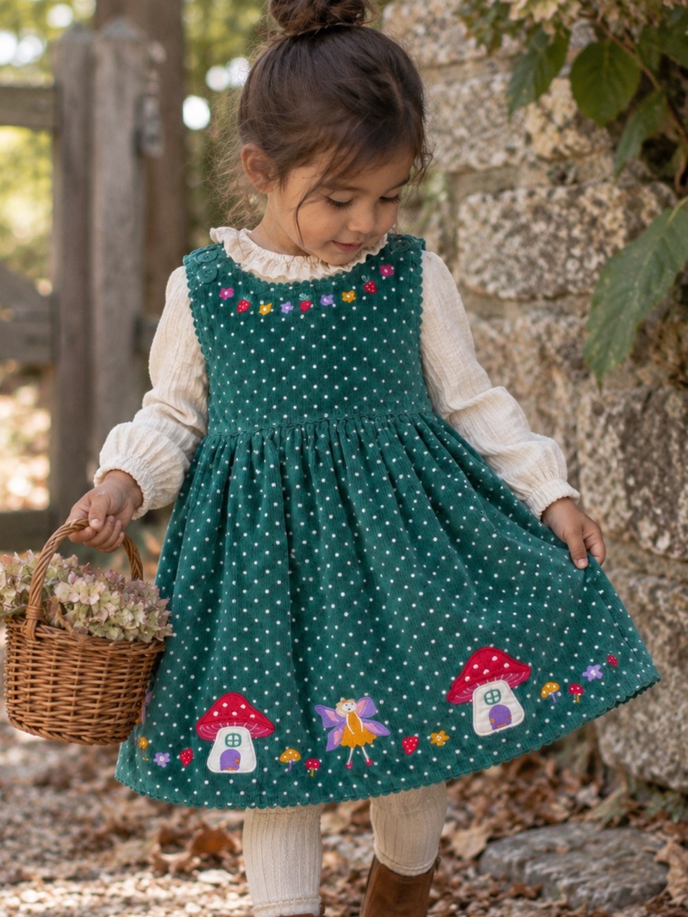 JoJo Maman Bebe Teal Polka Dot Corduroy Dress with Embroidered Mushrooms & Fairy